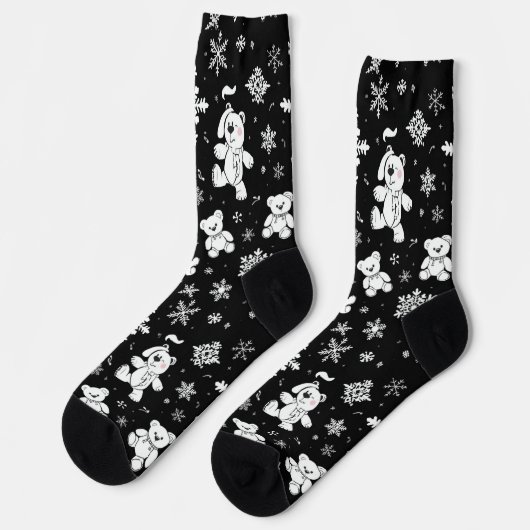 Chaussette White Teddy Bear & Snowflake Seamless Pattern (Gauche)