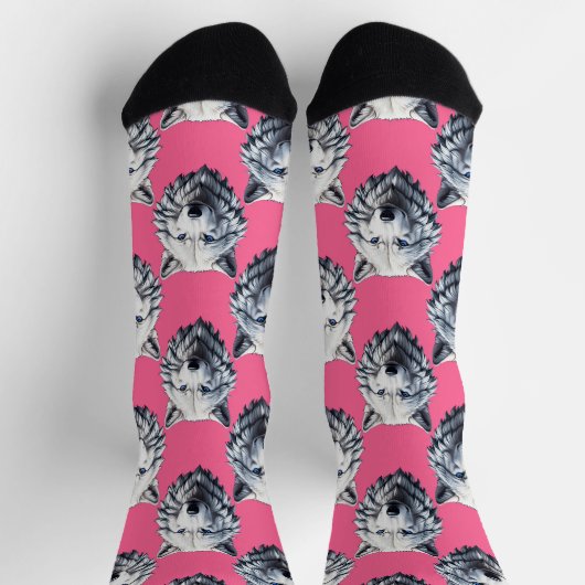 Chaussette White Wolf Head Pattern Design Pink  (Haut)
