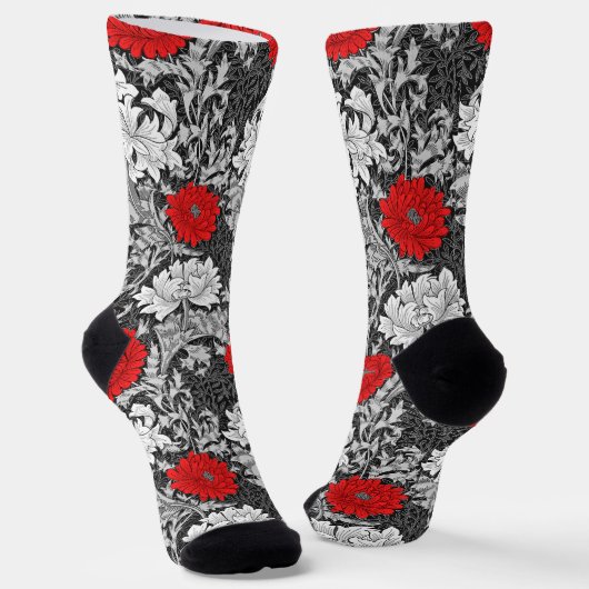 Chaussette William Morris Chrysanthèmes, gris et rouge (Angulaire)