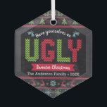 Chaussure moche de Noël Nordic Knit Fun Chalkboard<br><div class="desc">"Prenez-vous un sale pull Noël." Aidez à décorer votre arbre dans le "style" avec cet ornement en verre de qualité de vacances unique et amusant! Motif nordique d'arbres caprices, rennes, ornements, ainsi que la typographie "pull" ludique en rouge, vert et bleu aqua, superposent un arrière - plan de tableau noir....</div>