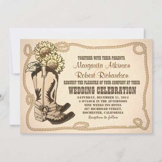 chaussures de cowboy invitations de mariage rustiq (Devant)