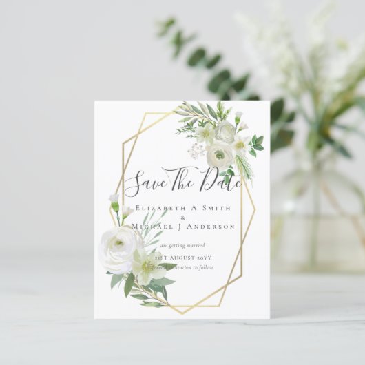 CHEAP Photo Save Dates White Floral Greenery Leaf (Staand voorkant)