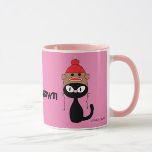 Check Meowt. Cartoon zwarte kat met Sock Monkey Pe Mok