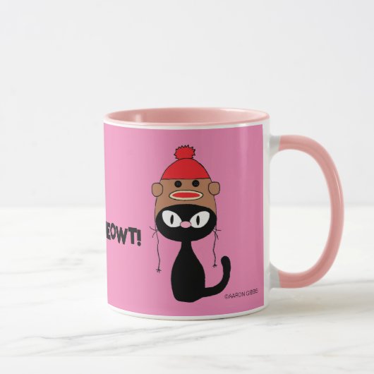 Check Meowt. Cartoon zwarte kat met Sock Monkey Pe Mok (Rechts)