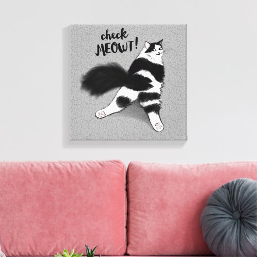 Check Meowt. Funny Black and White Cat Sploot Canvas Afdruk (Insitu (Woonkamer))