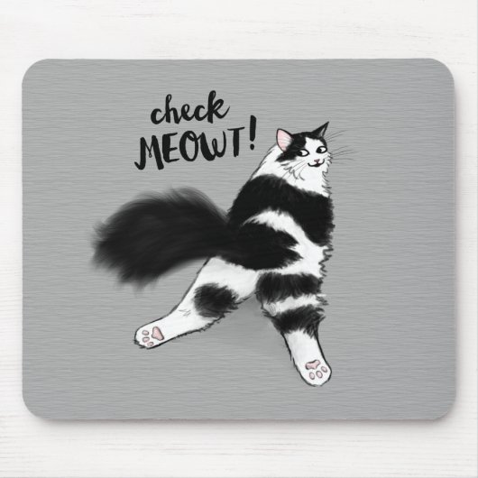 Check Meowt. Funny Black and White Cat Sploot Muismat (Voorkant)