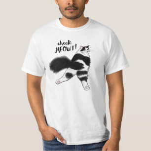 Check Meowt Funny Zwart-wit Cat Sploot T-Shi T-shirt