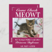 "Check Meowt" - Nieuwe kat-aankondiging Paars Briefkaart (Voorkant / Achterkant)