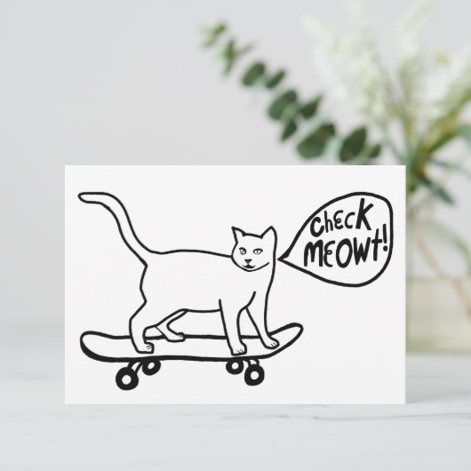 Check Meowt Punny Skateboarding Cat Black Kaart (Staand voorkant)