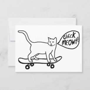 Check Meowt Punny Skateboarding Cat Black Kaart