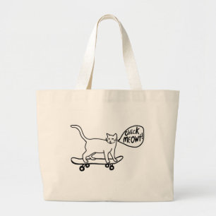 Check Meowt Punny Skateboarding Cat Black White Grote Tote Bag
