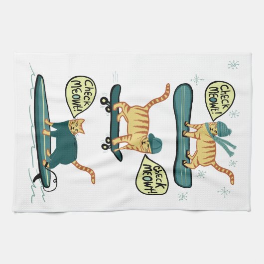 Check Meowt. Skateboard Surf Snowboard Tabblad Cat Theedoek (Horizontaal)