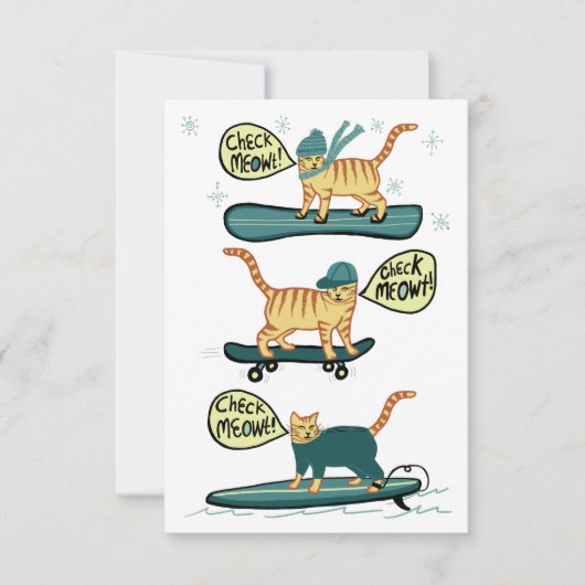 Check Meowt. Skateboard Surfer Snowboard Cat Kaart (Voorkant)