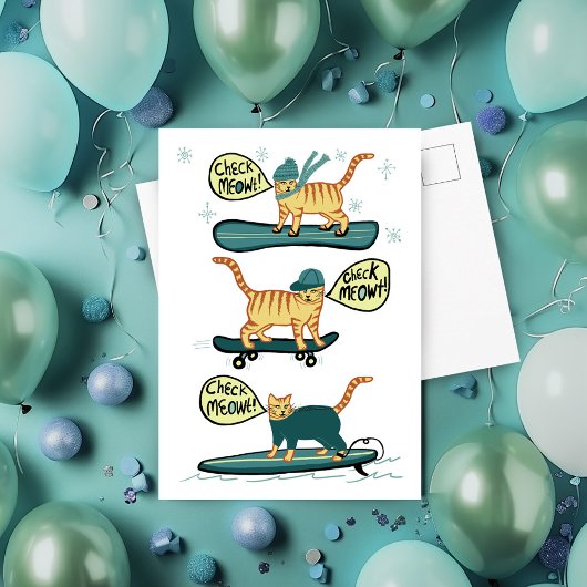 Check Meowt. Skateboard Surfer Snowboard Tabblad C Briefkaart