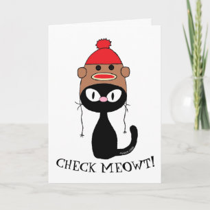 Check Meowt! Zwarte Kat met Sock Monkey Hoed Verja Kaart