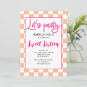 Checker heet roze perzik wit Lets party Sweet 16 Kaart (Staand voorkant)