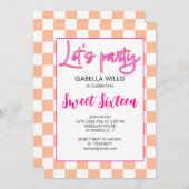 Checker heet roze perzik wit Lets party Sweet 16 Kaart (Voorkant / Achterkant)