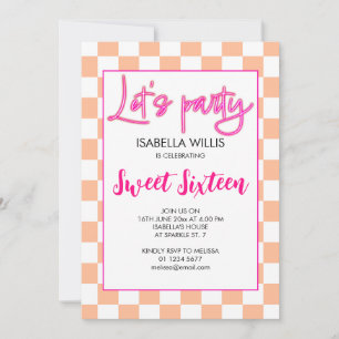 Checker heet roze perzik wit Lets party Sweet 16 Kaart
