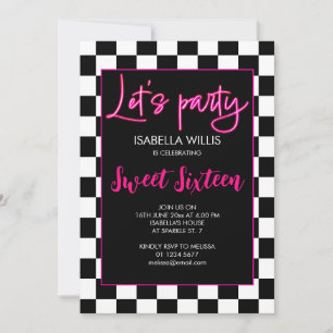 Checker heet roze zwart wit Lets party Sweet 16 Kaart