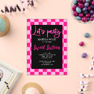 Checker licht roze zwart Laten we feest vieren Swe Acryl Uitnodigingen