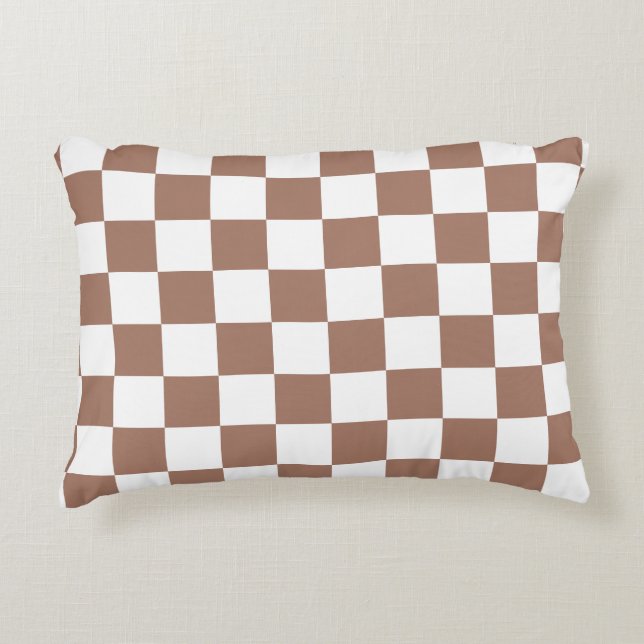 Checker vierkanten mocha bruin wit geometrische re accent kussen (Voorkant)
