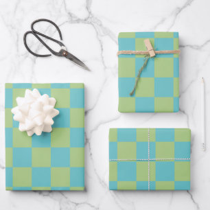 Checkerboard Checkered Pattern in Blue en Green Inpakpapier Vel