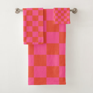 Checkerboard Checkered Pattern in Pink and Oranje Bad Handdoek
