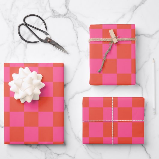 Checkerboard Checkered Pattern in Pink and Oranje Inpakpapier Vel (Voorkant)