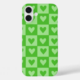 Checkerboard Green Heart Pattern Telefoonhoesje iPhone 16 Plus Hoesje