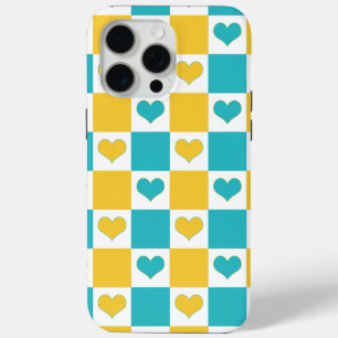 Checkerboard Harten in Turquoise en Geel iPhone 15 Pro Max Hoesje