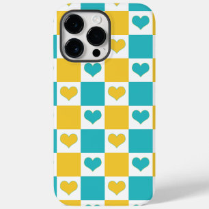 Checkerboard Harten in Turquoise en Geel Case-Mate iPhone 14 Pro Max Hoesje
