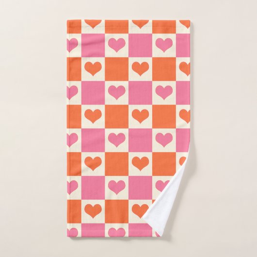 Checkerboard Hearts in roze, Sinaasappel en crème Bad Handdoek (Handdoek)