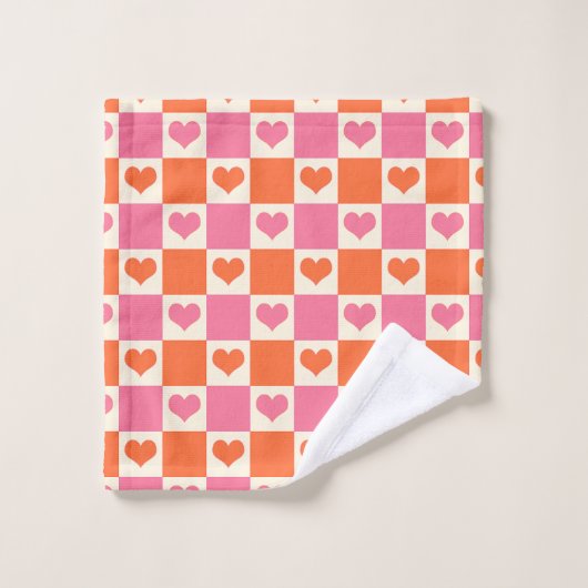 Checkerboard Hearts in roze, Sinaasappel en crème Bad Handdoek (Wasdoekje)