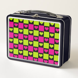 Checkerboard Hearts - Lime Green, Hot Pink & Black