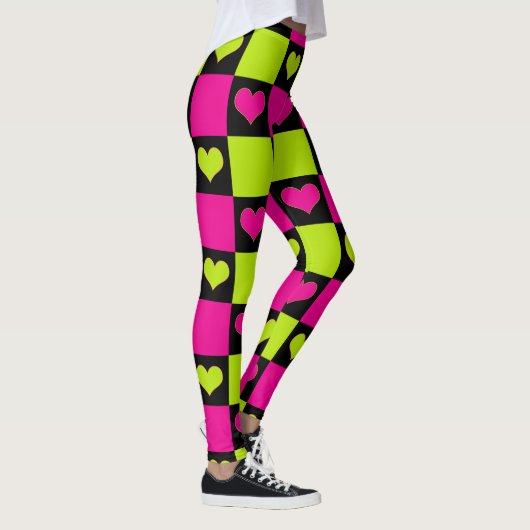 Checkerboard Hearts - Lime Green, Hot Pink & Black Leggings (Rechts)