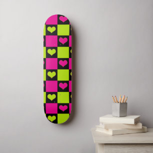 Checkerboard Hearts - Lime Green, Hot Pink & Black Skateboard