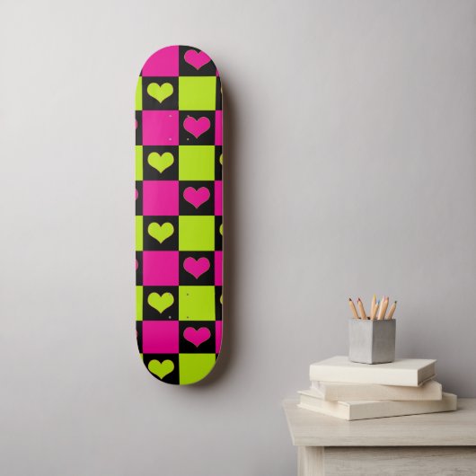 Checkerboard Hearts - Lime Green, Hot Pink & Black Skateboard (Muurkunst)