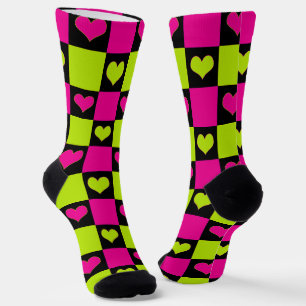 Checkerboard Hearts - Lime Green, Hot Pink & Black Sokken