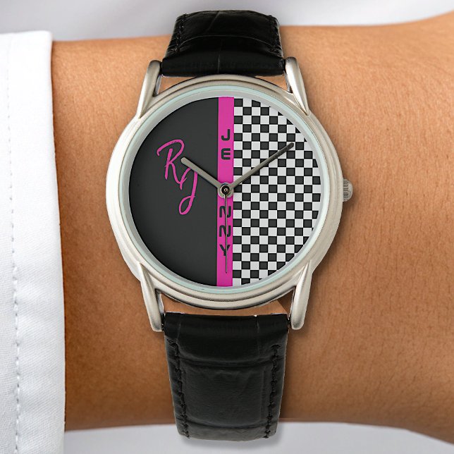 Checkerboard Racing Flag Roze Lijn Aangepaste Naam Horloge (Creator heeft geüpload)