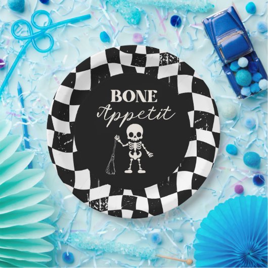 Checkerboard Retro Bad To The Bones Halloween Papieren Bordje (Feest)