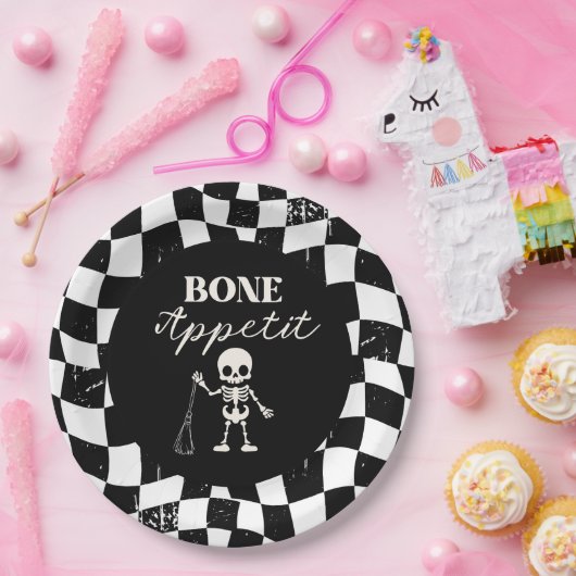 Checkerboard Retro Bad To The Bones Halloween Papieren Bordje (Feest)