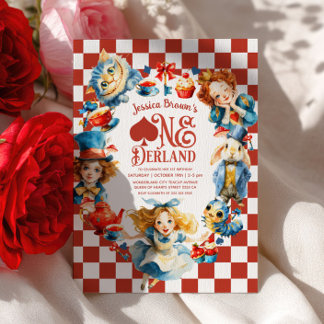 Checkered Alice in ONEDERLAND 1st Birthday Party Kaart