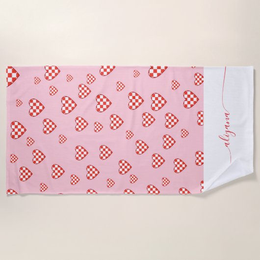 Checkered Heart Valentine Conquette Script Name Strandlaken (Voorkant)
