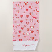 Checkered Heart Valentine Conquette Script Name Strandlaken (Voorkant)