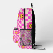 Checkered Hot Pink Smiling Flowers Custom Name Bedrukte Rugzak (Rechts)