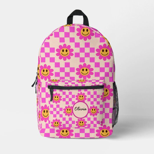 Checkered Hot Pink Smiling Flowers Custom Name Bedrukte Rugzak (Voorkant)