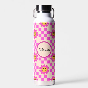 Checkered Hot Pink Smiling Flowers Custom Name Waterfles
