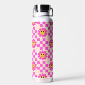 Checkered Hot Pink Smiling Flowers Custom Name Waterfles (Achterkant)