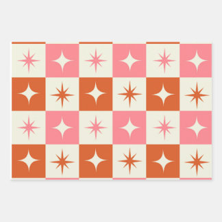 Checkered Mid Century Atomic Stars Pink Orange  Inpakpapier Vel