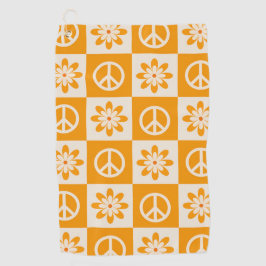 Checkered Orange Groovy Flowers and Peace Signs  Golfhanddoek
